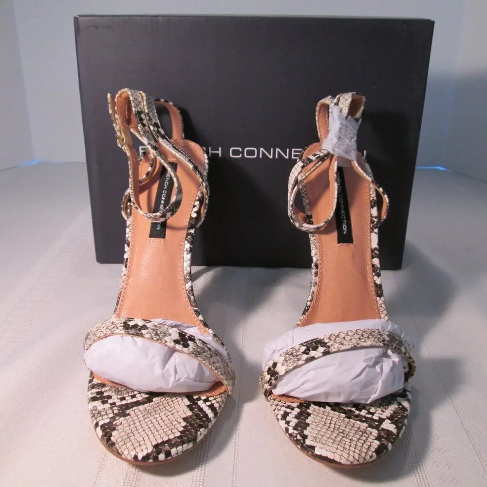 French Connection Tessa Snake Heeled Ankle Strap Sandals Sz 9M